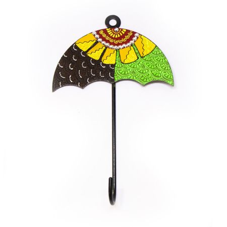 Handpainted Umbrella Design Iron Wall Hook with Traditional Indian Motifs